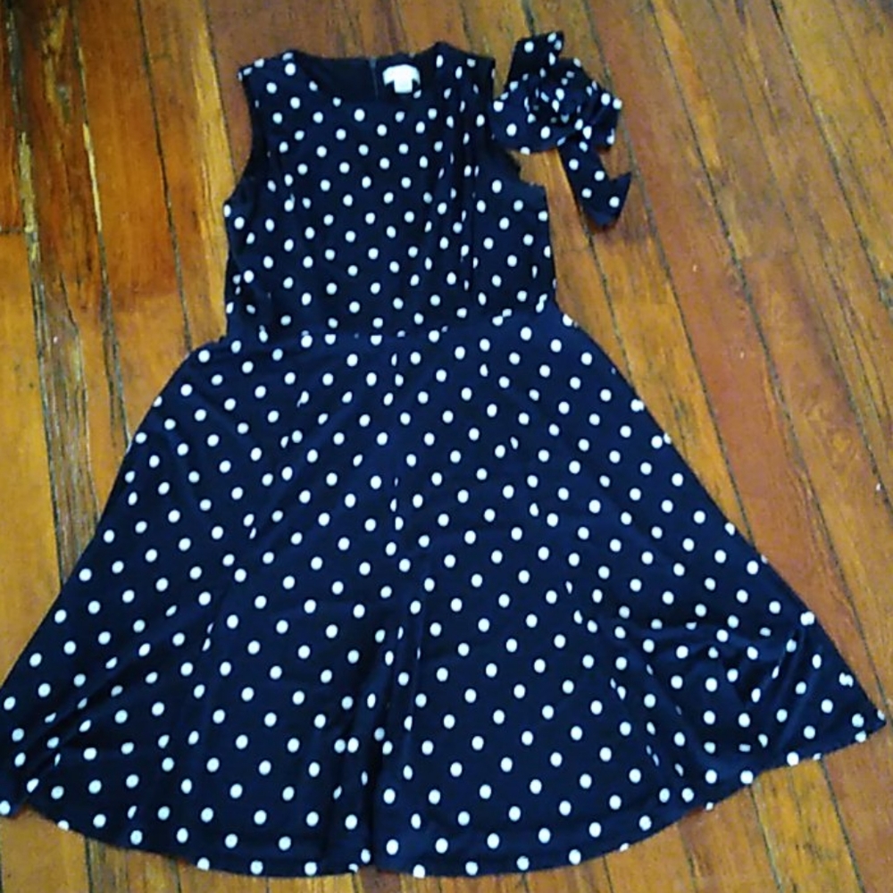 Navy and white polka dot dress
